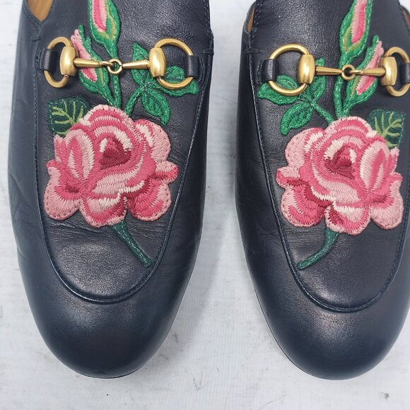 Gucci Black Horsebit Rose Floral Embroidery Princetown Slide Mule - Picture 6 of 12